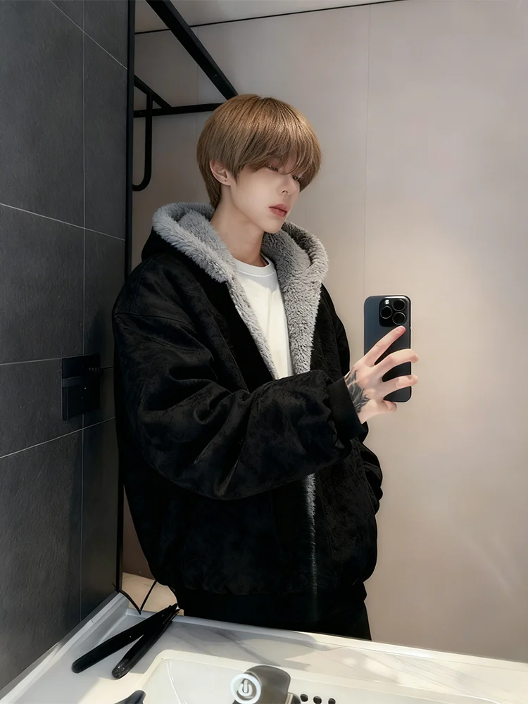 

Bla из искусственной кожи с капюшоном Thiened Winter Cotton Jaet Мужское пальто в стиле ретро в американском стиле с меховым воротником Молодежное модное длинное свекло