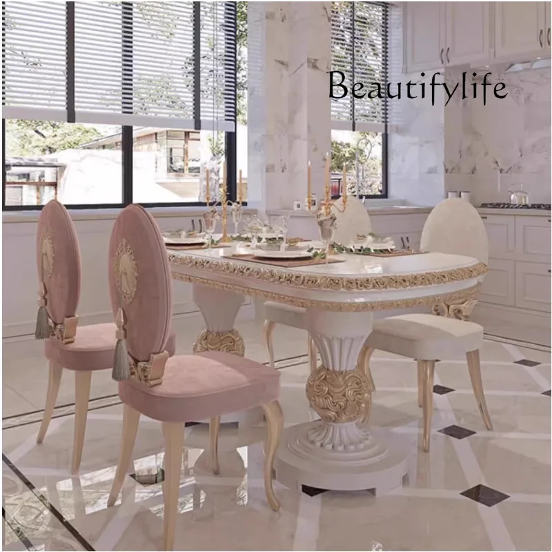 

French light luxury court style dining table and chair combination solid wood carving flower oval high-end villa European luxury