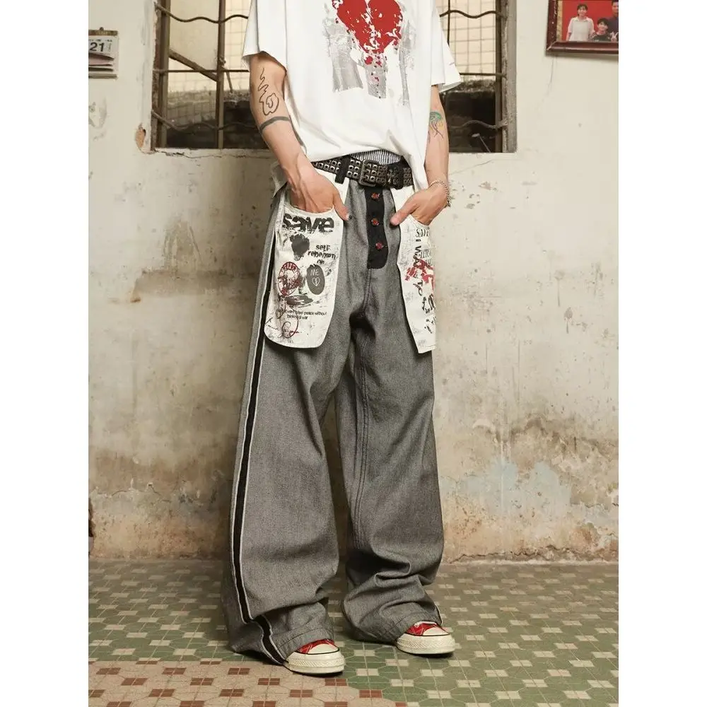 Men's Fashionable Pocket Design Pants Summer Sweatpants Wide Legs Boys Bottom Male High Waist Unisex Baggy Trousers