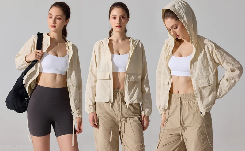 VITALINOVO Leichte Regenjacke für Damen, wasserdicht, durchgehender Reißverschluss, langärmelig, Sportjacke mit Kapuze, Windjacke zum Wandern – Detail 3