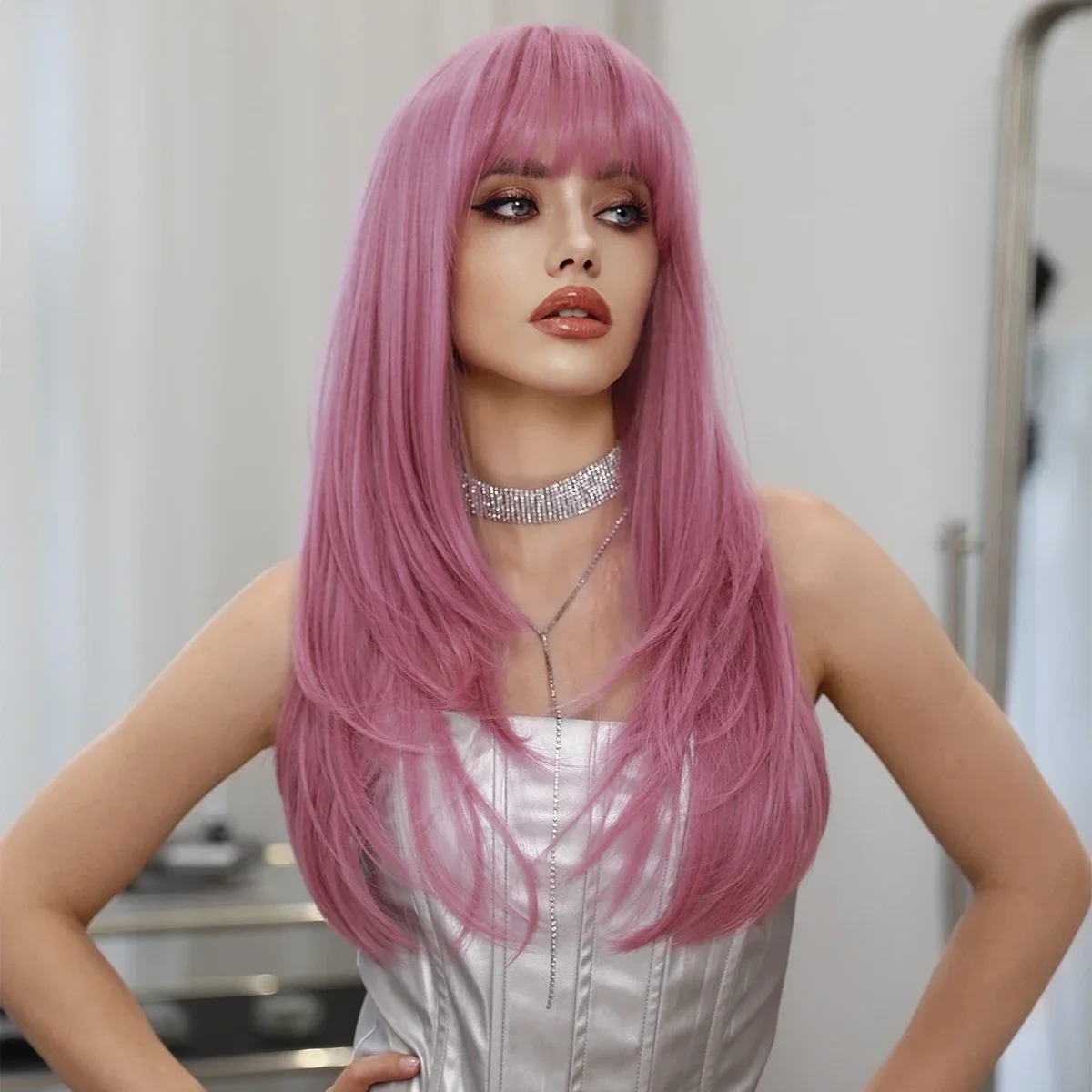 NAMM Long Straight Wig Pink Purple Wigs For Women Daily Cosplay Synthetic Fluffy Lavender Synthetic Wig Heat Resistant Wear Wig