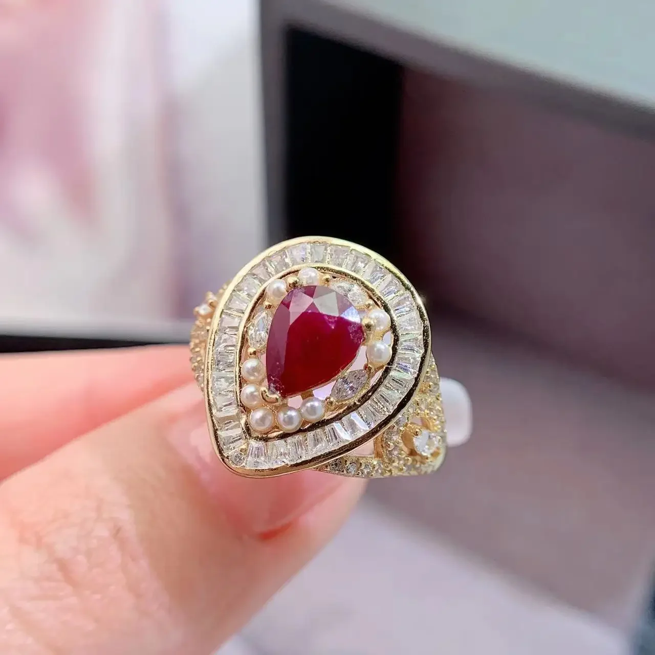 Nnatural Ruby Jewelry Gift for Woman Natural  Ruby 6mm*8mm  Pera Cut 925 Silver  Ring for Office Woman 3 Layers 18K Gold Plating