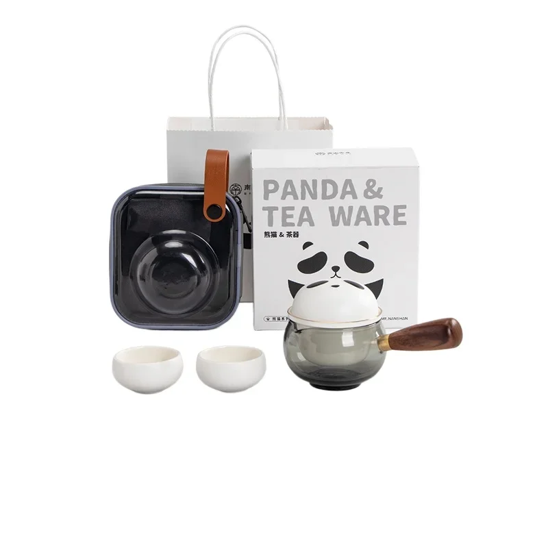 

*Panda side handle travel tea set, one pot and two cups, household portable express cup, outdoor tea set