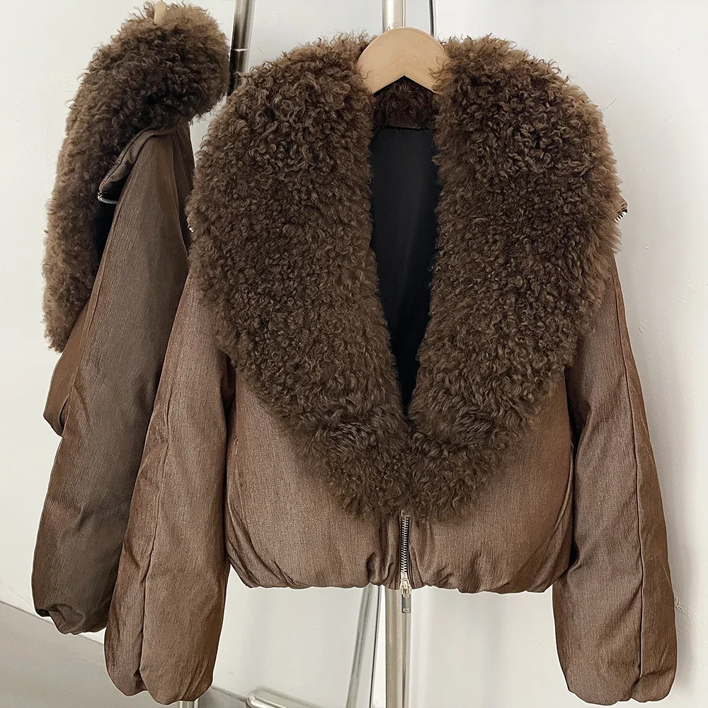OFTBUY Shiny Zipper Duck Down Jacket Female Warm Outerwear Winter Real Lamb Fur Collar Coat Women Cropped Loose Puffer Coat