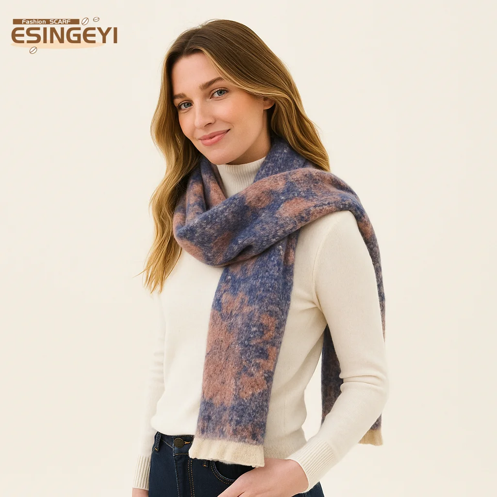 ESINGEYI 2025 зимние шарфы, женские платки, пряжа-петля, круг, женский шарф, шейный платок, волосатая кисточка, клетчатая красочная шаль с цветочным принтом