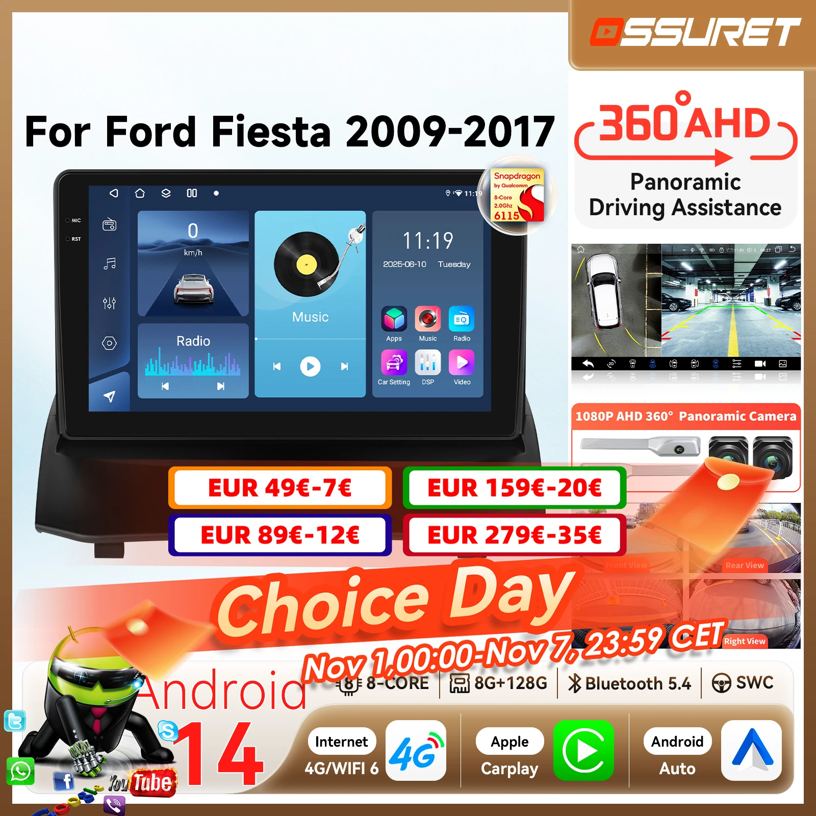 2Din 4G Octa Core Android 13 Autoradio for Ford Fiesta 2009 - 2013 Multimedia player GPS navi Stereo Audio 8581 Head Unit Screen