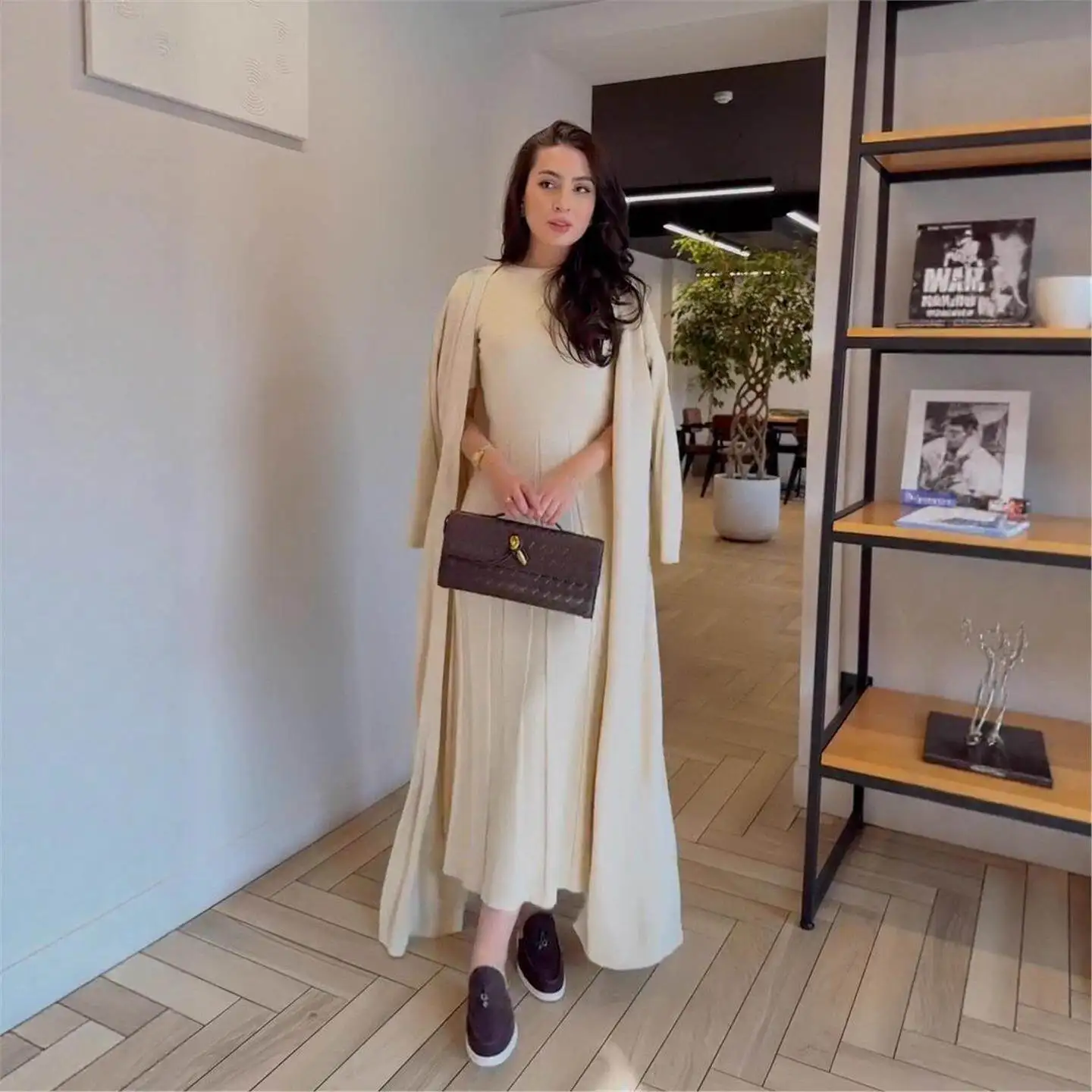 

Autumn 2025 New round Neck Knitted Dress Long Sleeve Two-Piece Women's Cross-Border Clothing Casual Pants Middle-aged PU Leather