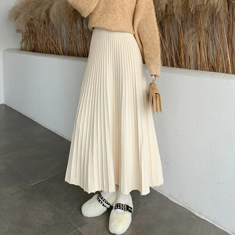 

Winter Thickened Rib Knitted Large Swing Maxi Long Skirts Elegant Solid A-line Pleated Ankle Length Knit Skirts Coffree Beige