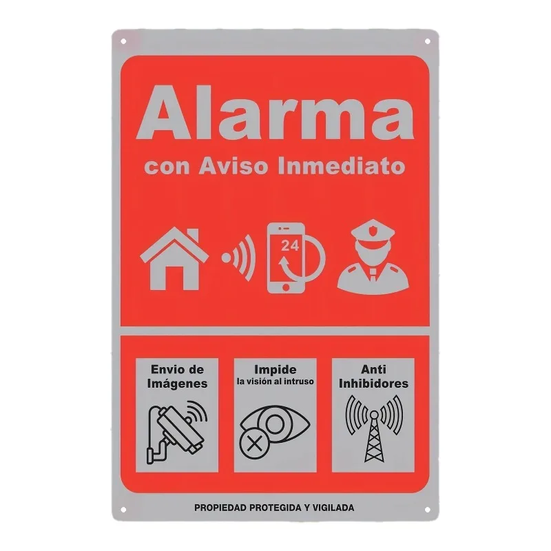 Instant Alert Alarm Sign -  Iron Wall Decor,Red with White Icons, Anti-Intrusion Vision, Anti-Inhibitors, 24/7 Protection