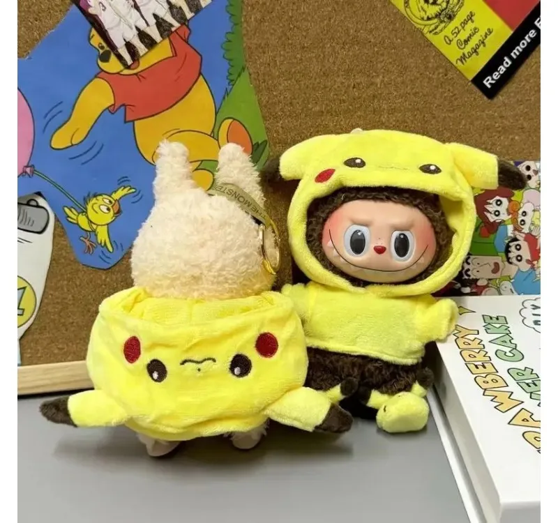 جديد البسيطة أفخم دمية الملابس مجموعة لطيف بيكاتشو دعوى الكرتون 17 سنتيمتر Labubu الفينيل دمية Kpop المعبود دمية الملابس والاكسسوارات