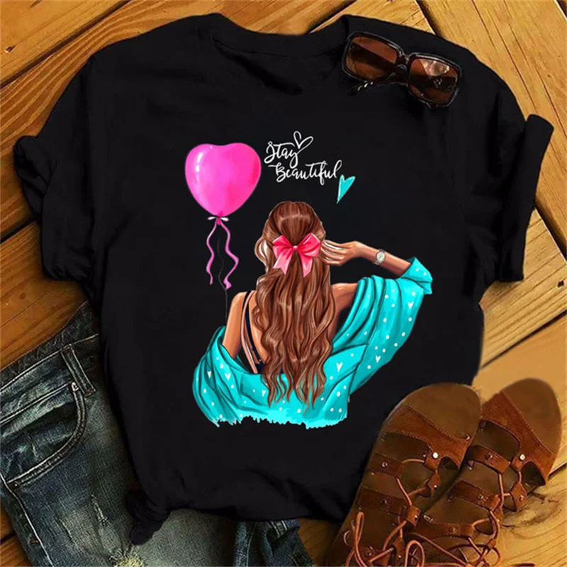 Piękne 90s Girls Print Women Tops Fashion O Neck T Shirt Funny Aesthetics Graphic Print Women T Shirts Odzież damska