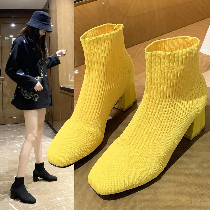 Women\'s Short Boots 2023 Yellow Knitted Heel High Heels Spring Fall and Winter Models Beige Fashion Women Elastic Socks Boots