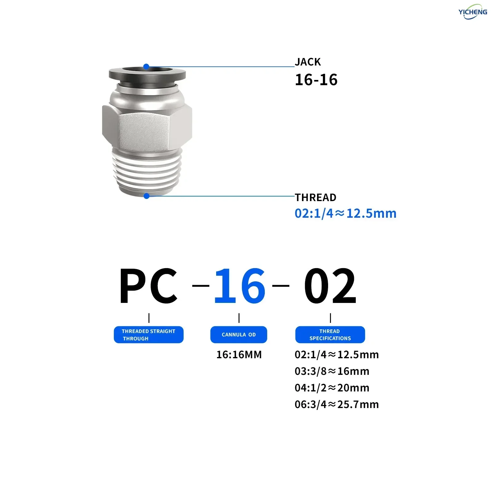 Pipe Fittings Male Straight 16mm Tube OD Thread specification1/4