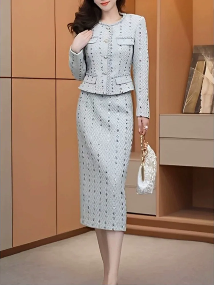 Luxury Style Women\'s Tweed Suits 2 Piece Autumn High Quality Elegant Tweed Short Jackets And Midi Skirt Fashion Woman Outfits