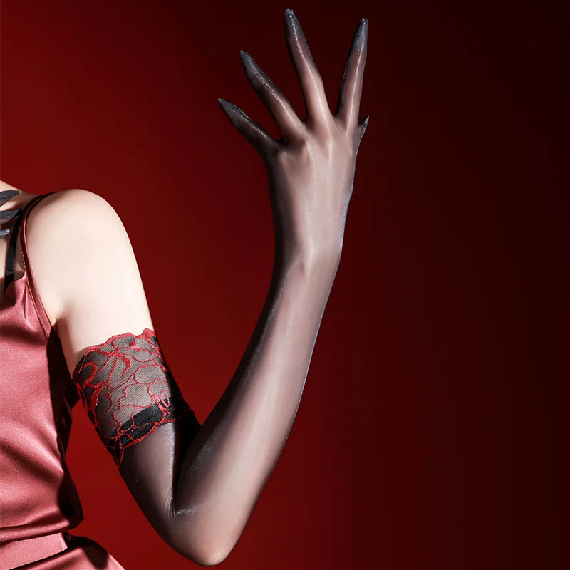 Ultradünne Aurora-Öl-Glatte Spitzenmanschette Lange Fünf-Finger-Handschuhe Damen Sexy Transparente Nachtclub-Cosplay Dehnbare Enge Strumpfhandschuhe – Detail 2
