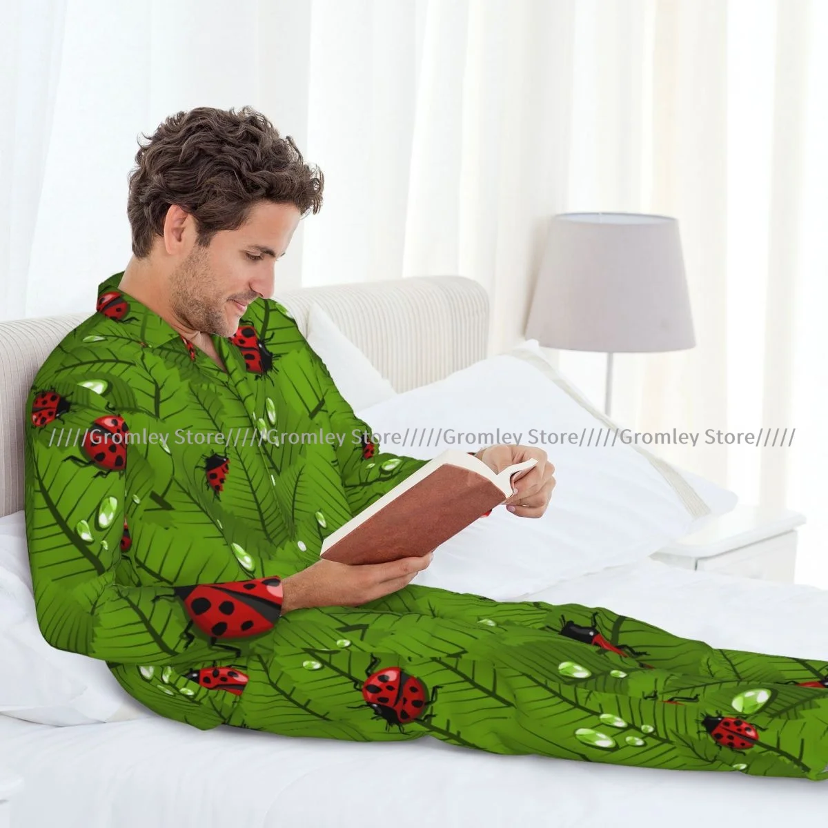 Conjuntos de pijamas para hombre, ropa de dormir de primavera con hojas y escarabajo y mariquita, prendas de vestir de ocio de manga larga, ropa de descanso para otoño e invierno