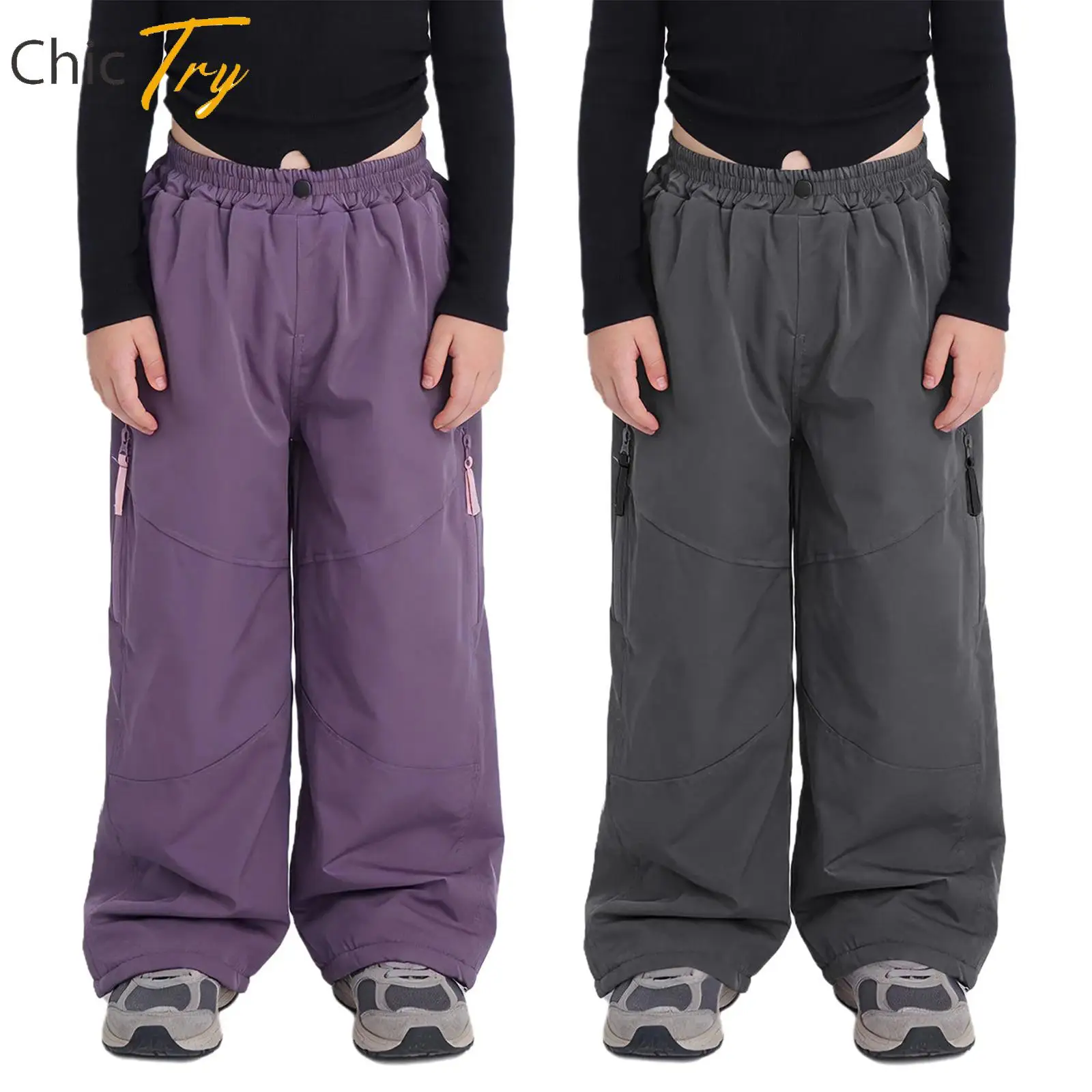 Child Girls Thick Fleece-Lined Pants Kids Outdoor Running Hiking Camping Sports Bottoms Costumes Zipper Leg Openings Trousers