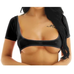 Womens Sexy Soft Mesh See Through Crop Top Sheer Open Bust Short Sleeves T-Shirt Causal Fashion Elastic Tops