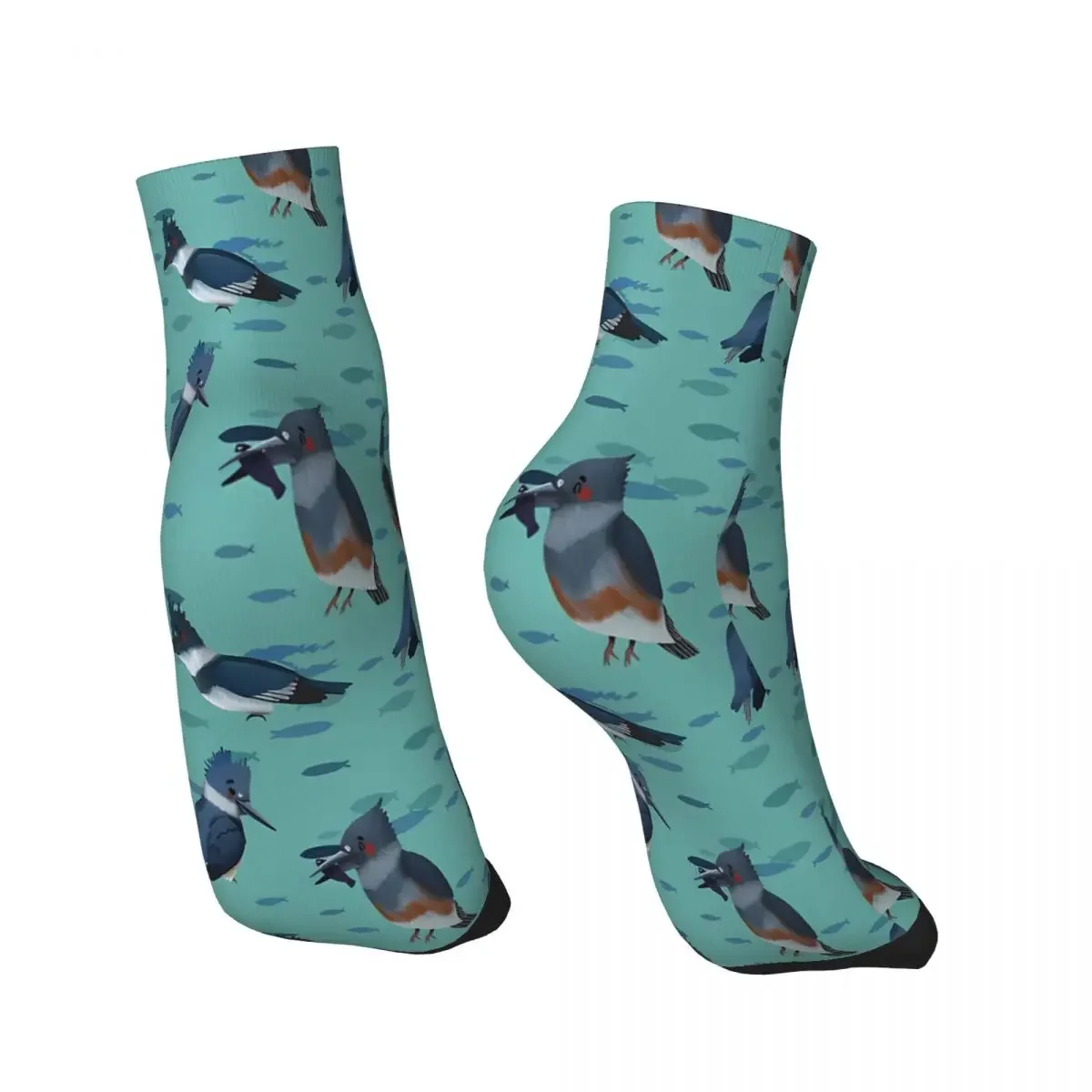 Belted Kingfisher Cute Blue And Turquoise Bird Illustration Pattern Ankle Socks Male Mens Women Summer Stockings Printed