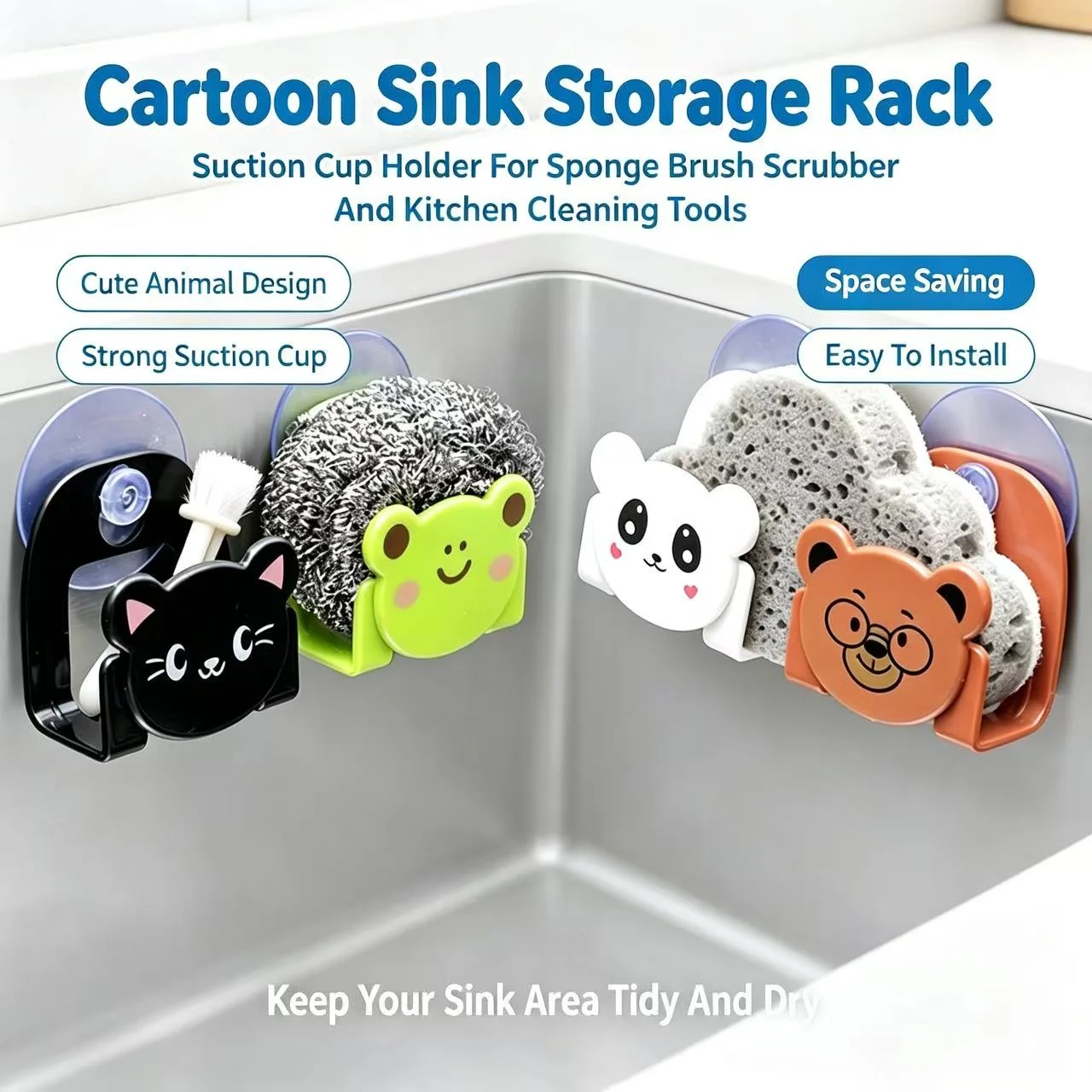 Punch Free Cartoon Suction Storage Holder Multifunctional Sink Sponge Organizer for Kitchen Bathroom