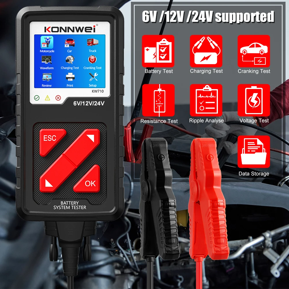 KONNWEI KW710 Motorcycle Car Truck Battery Tester 6V 12V 24V Battery Car Cranking and Charging System Test Diagnostic Tool KW720