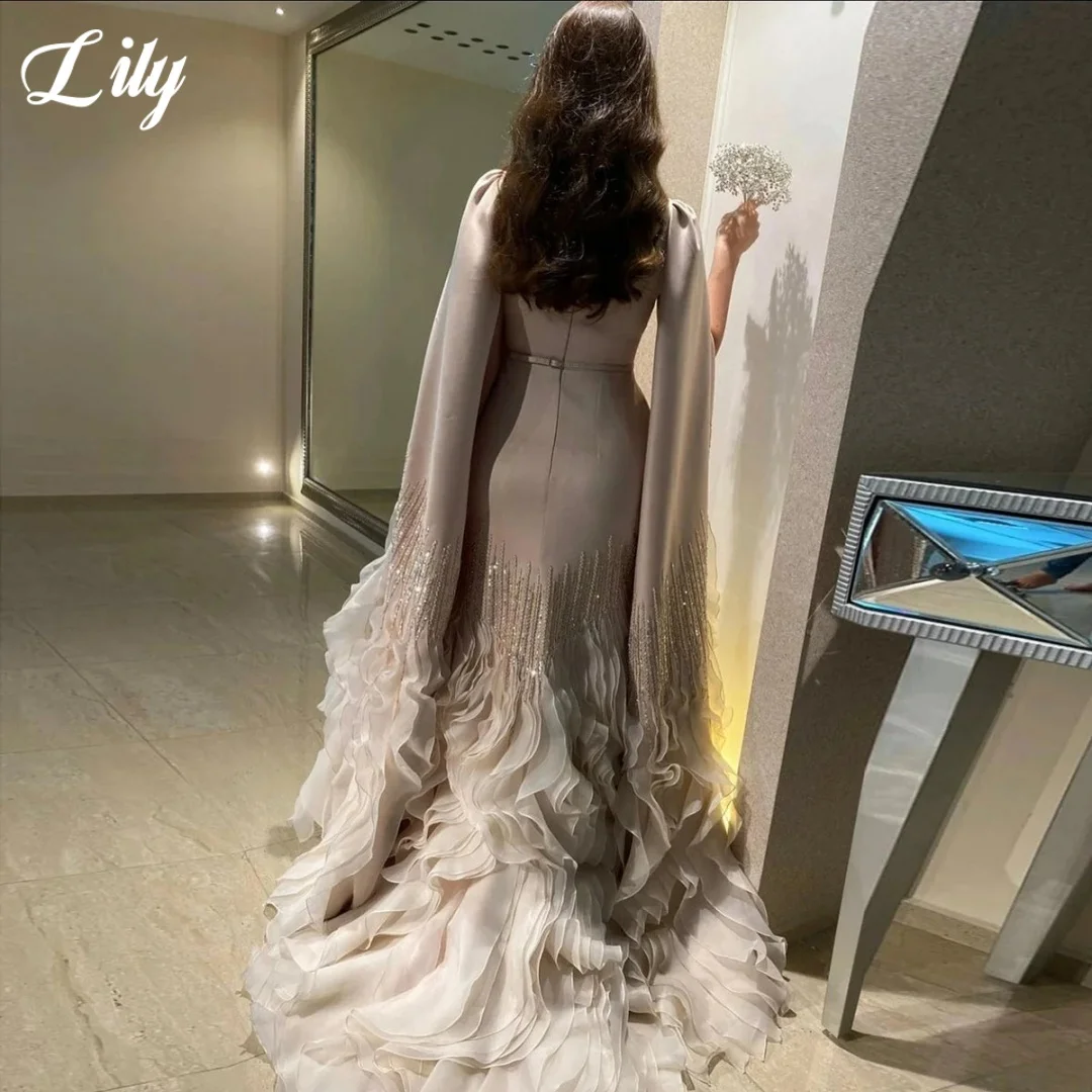 Lily Beige Cape Sleeve Evening Dresses Beaded Embellished Tiered Ruffle Hem Formal Prom Dress With Pearl Waistband Customized