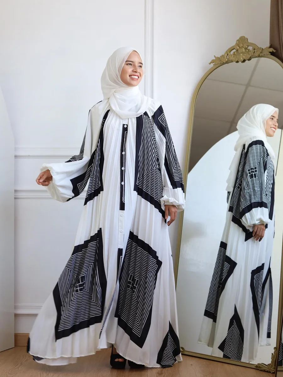 2024 Muslim Sets Dubai Abaya Printed Long Dresses Pleated Loose Casual Robe Femme Islam Clothing Hijab Dress Abayas for Women