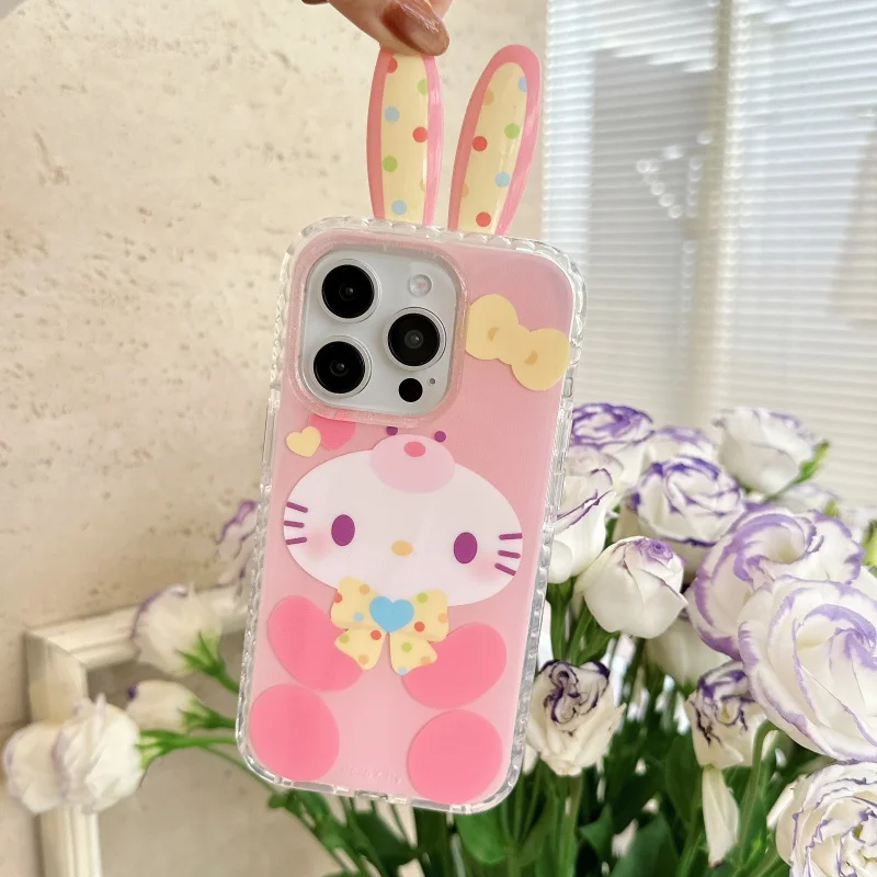 

kawaii Hello Kitty Cute 3D Mini Rabbit Ears Polka Dots Phone Case For iPhone 13 14 15 16 Pro MaxPink Rabbit cartoon Girl Gift