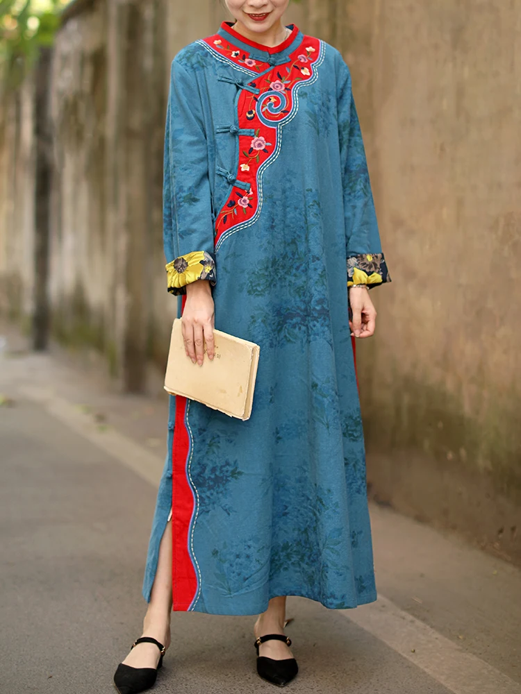 

Новое китайское платье-ципао свободного кроя с вышивкой и пуговицами, из хлопка и льна, для весенне-осеннего сезона, женское
