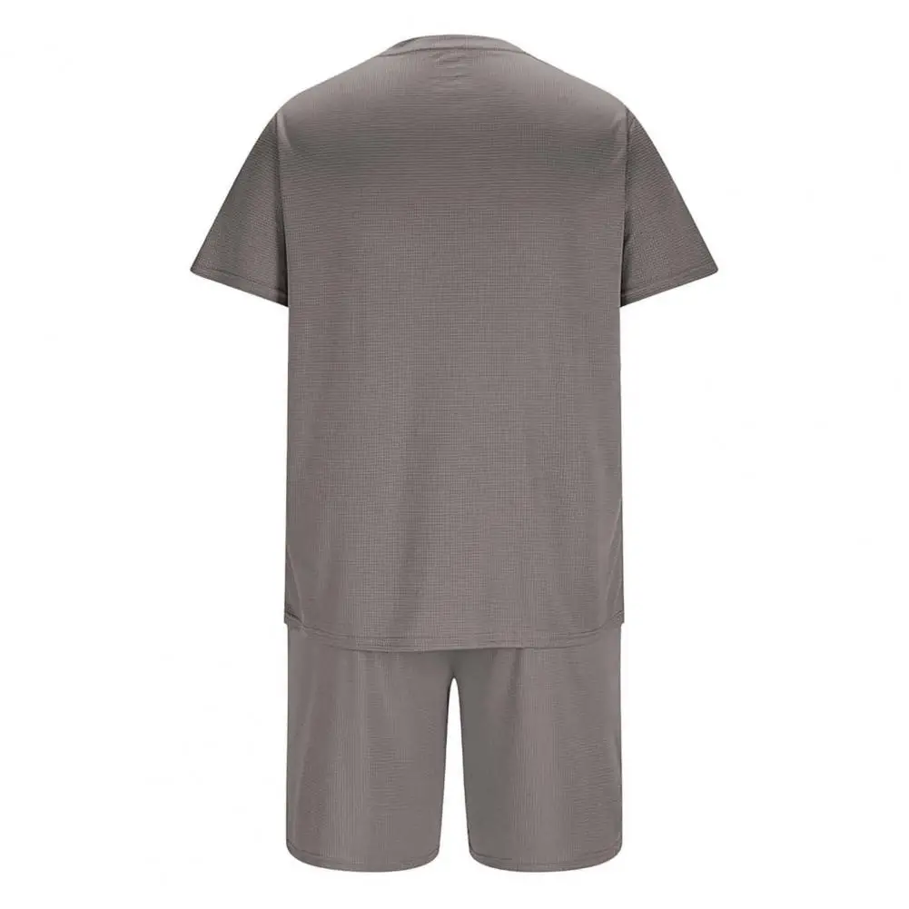 

Breathable Men Activewear Men's Waffle Fabric Sports Suit with O-neck T-shirt Wide Leg Shorts Set Elastic for Active for Gym