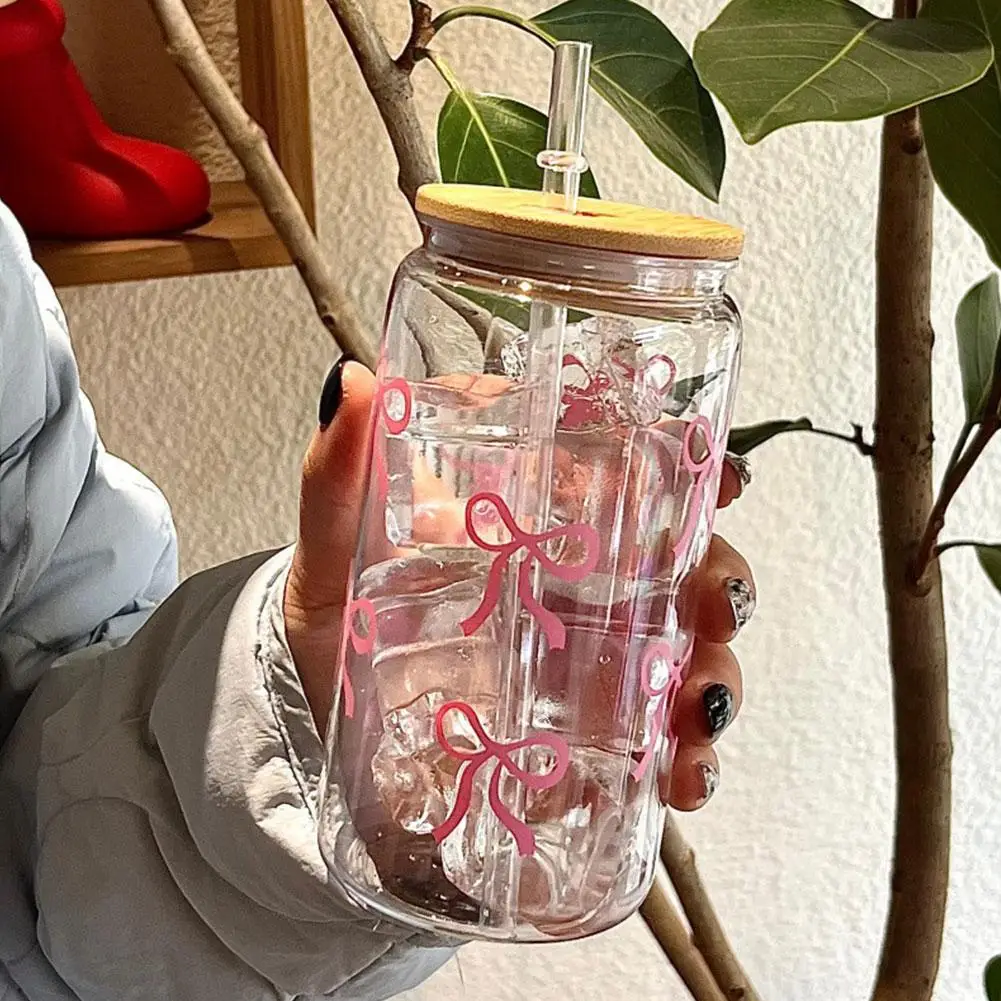 500 مللي/16 أوقية كوب زجاجي شفاف الوردي القوس زهرة ملصق شرب كوب الصيف كوب عصير ساخن وبارد