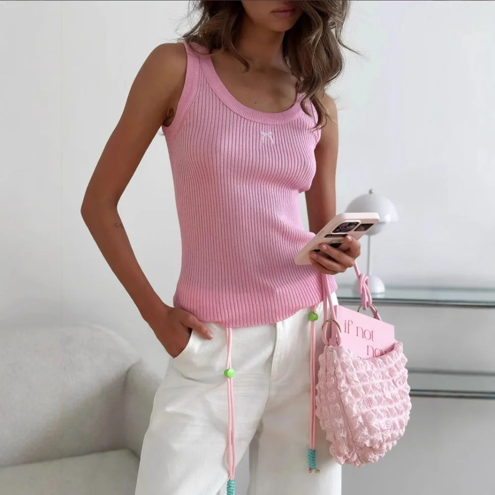 

Sweet Bow Embroidered Sleeveless Top 2025 Spring and Summer Women Basic Soild Elastic Spicy Casual Wide Shoulder Strap Base Vest