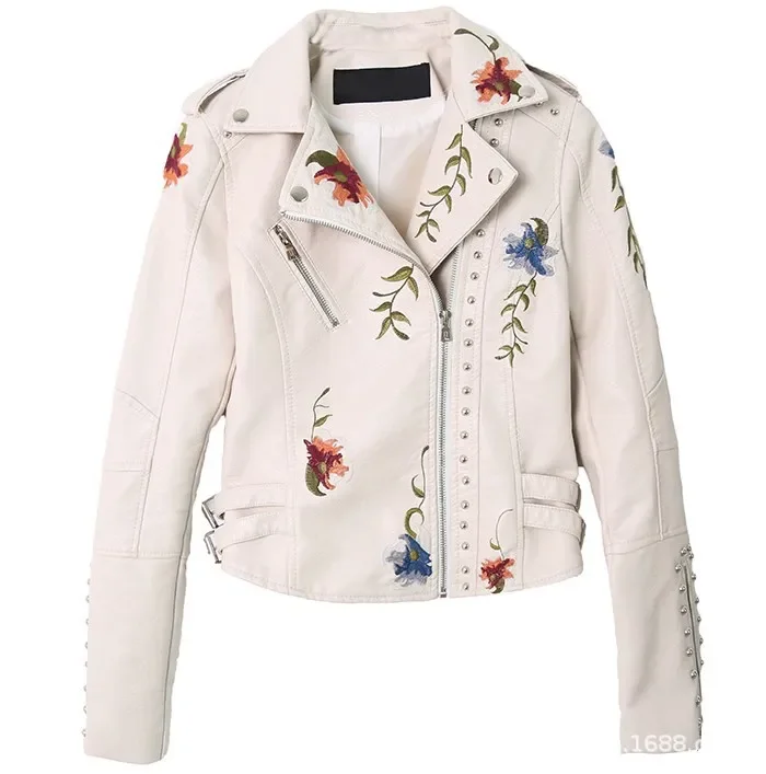 Chaqueta de piel sintética con bordado Floral para mujer, abrigo de motocicleta de Pu, negro, Punk, bolsillo con remaches, prendas de vestir exteriores, Primavera, Otoño e Invierno