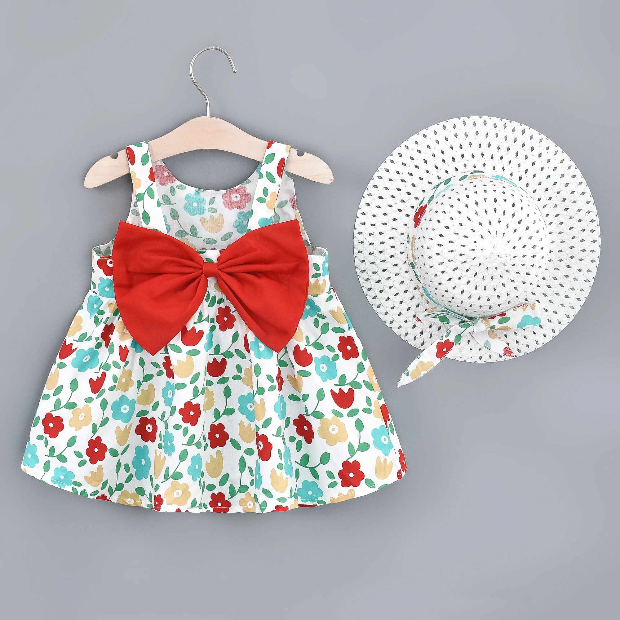 Girls' Summer New All Over Flower Print Dress Children's Solid Color Big Bow Princess Dress+Hat Two Piece Set