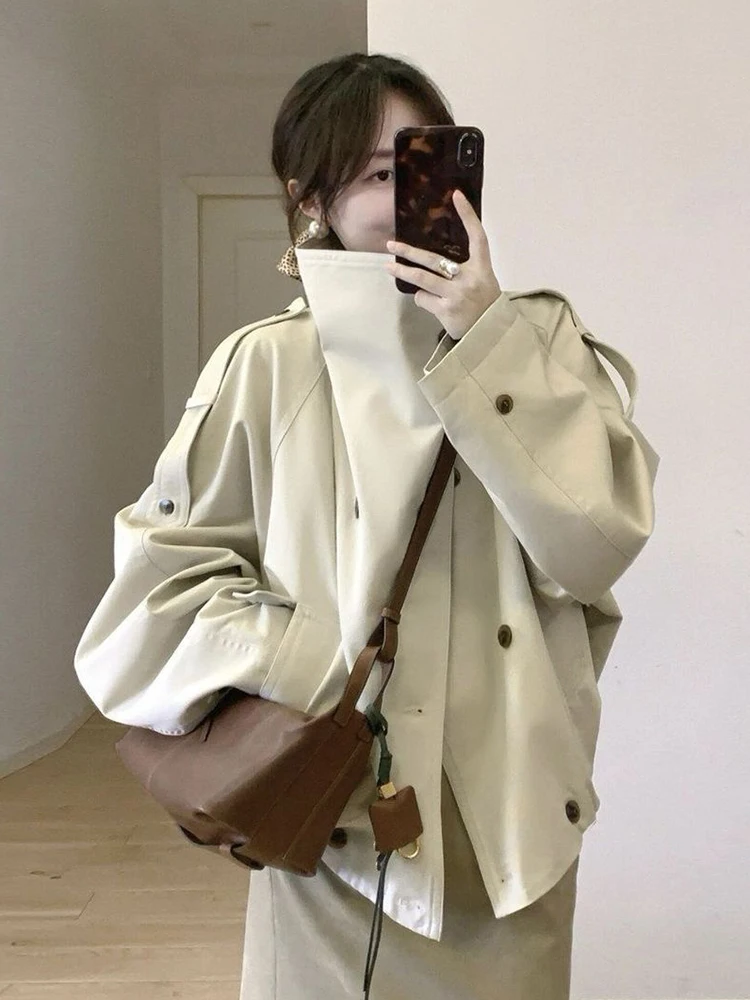 Elegant Fashion Loose Trench Women Long Sleeve Stand Collar Double Breasted Chic Coat Fall Winter Sweet Preppy Style Jacket Tops