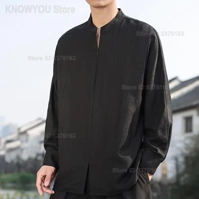 Men Spring Autumn Cotton Linen Top Mandarin Collar Modified Hanfu Retro Zen Tea Wear Loose Oriental Casual Layering Undershirt