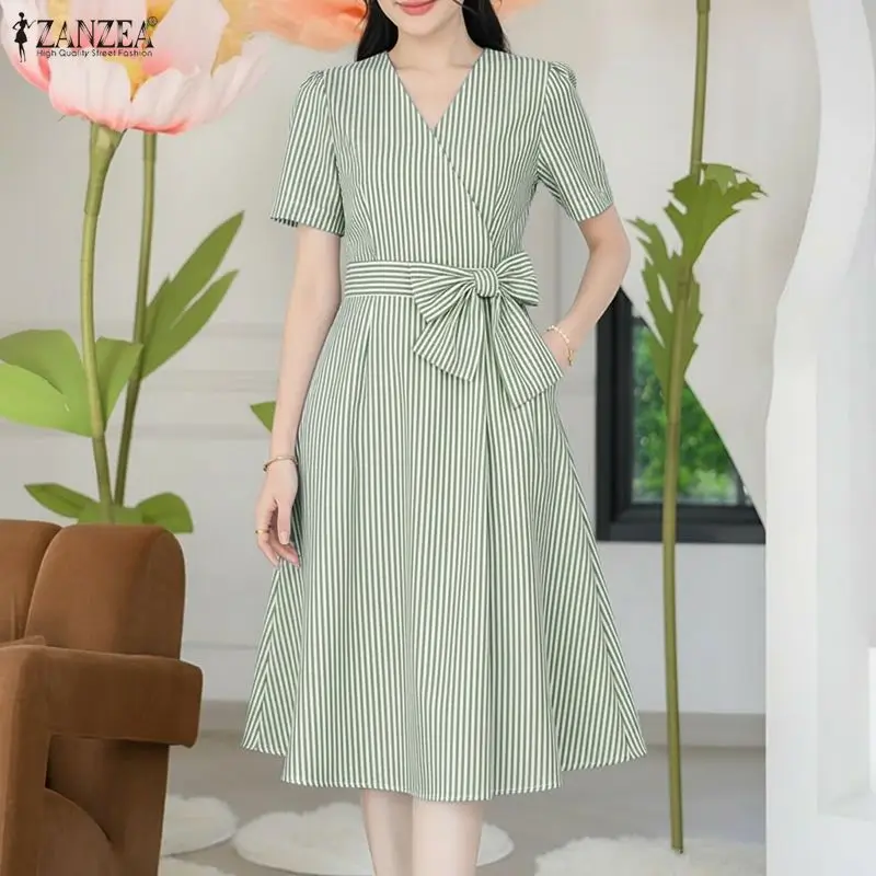 2026 ZANZEA Sommer Elegantes V-Ausschnitt Kurzarm Arbeitskleid Büro Damenkleider Stilvolles Gestreiftes Kleid Lässiges Schleifenkleid Midi-Robe