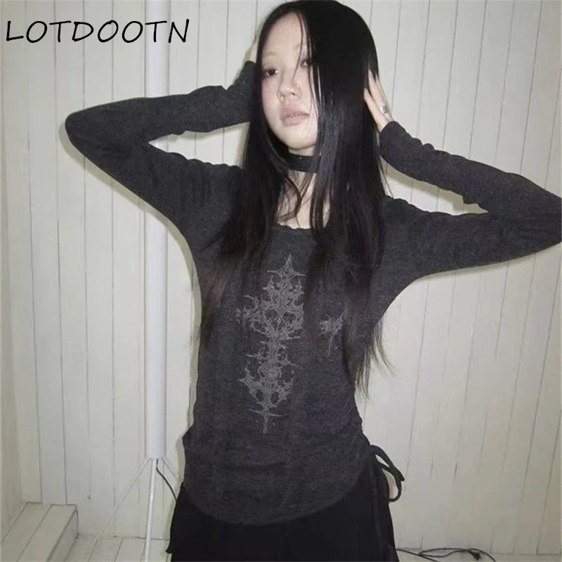 

LOTDOOTN Vintage Autumn Hot Girl Long Sleeve Black Loose TShirt Girl Slim Fit Print 2000s Y2k Tee Female Hepburn Gothic Clothes