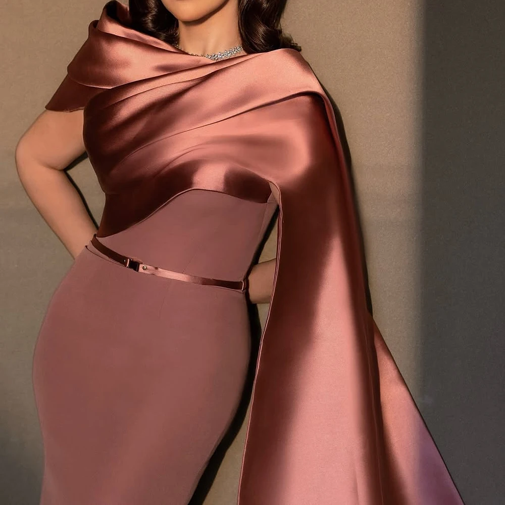 Abiti da sera a sirena personalizzati Abito da ballo senza maniche lungo fino al pavimento con spalle scoperte Abito da festa drappeggiato con stola alla moda semplice