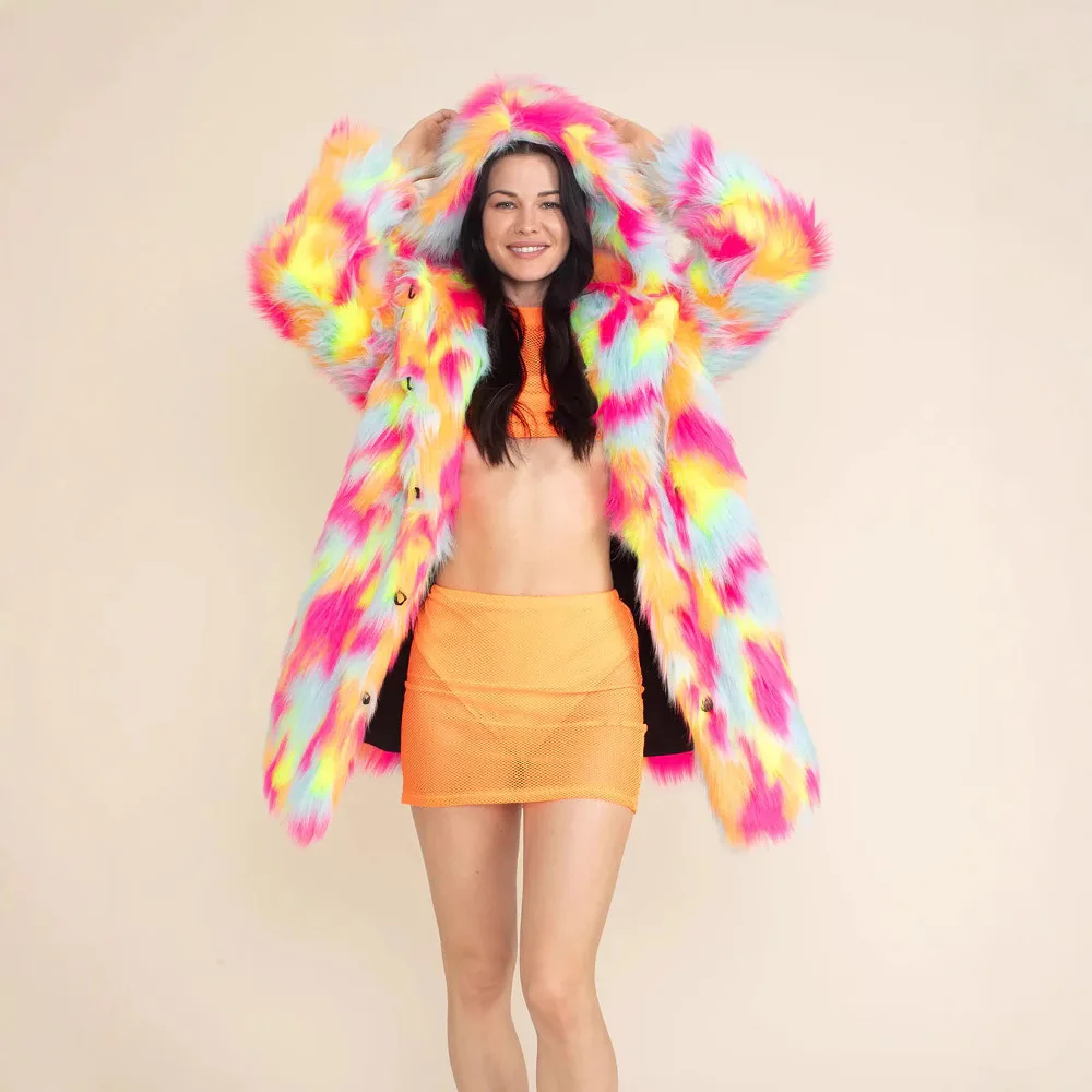 قوس قزح اللون المرأة الشتاء فرو المنك سترة واحدة الصدر الفراء تقليم هود الإناث فو الثعلب معطف الفرو منتصف طول الدافئة سيدة معطف الفرو #2