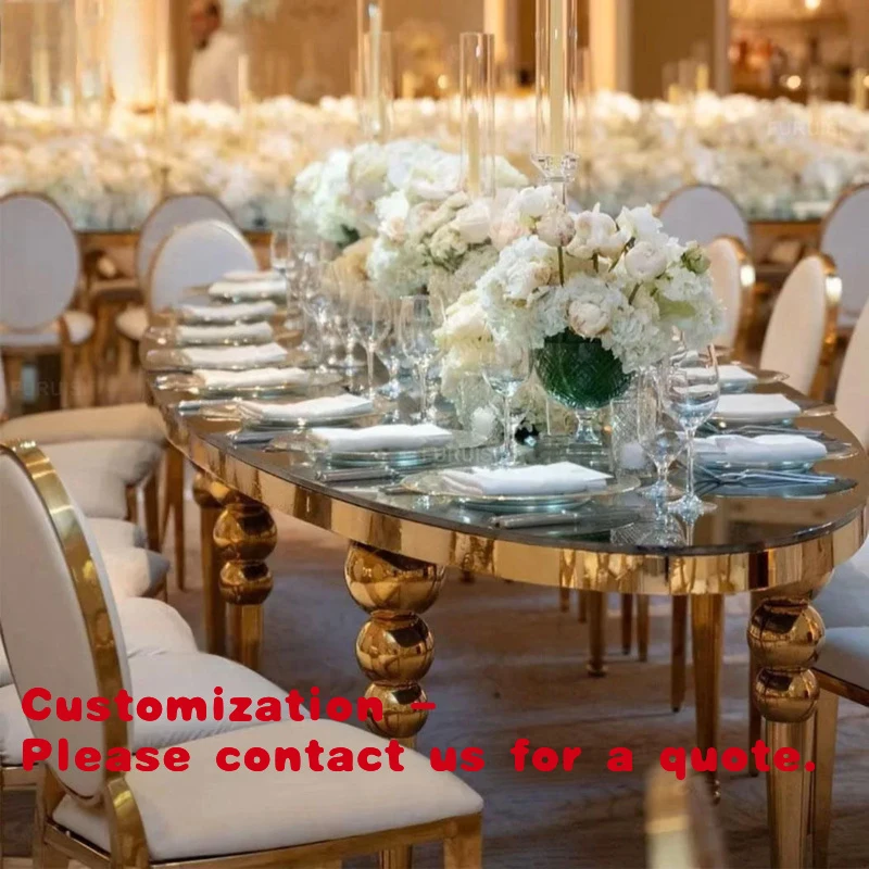 

custom.Luxury Gold Oval Wedding Event Tables Stainless Steel Party and Event Table Hotel Hall