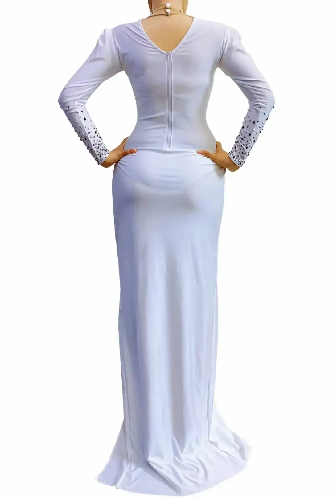 Stretch Spandec kobiety seksowna sukienka w stylu Cheongsam rozcięcie jednoczęściowy kostium piosenkarki czarny czerwony Rhinestone Drag Queen strój