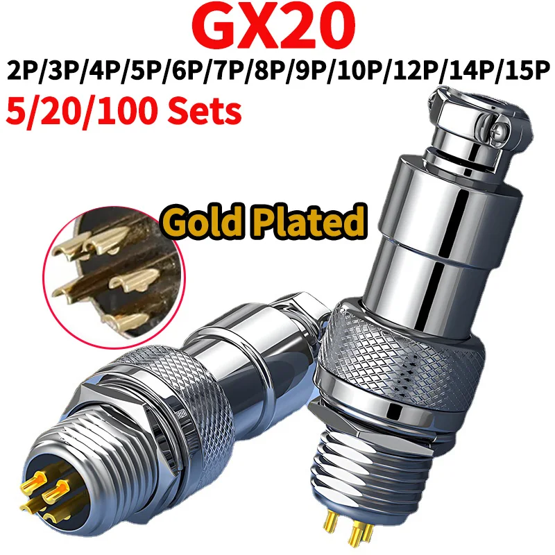 

5/20/100 Sets Premium GX20 Gold-Plated Male & Female Docking Aviation Plug Circular Connector-2-15 Pins,Electric Wire Connector