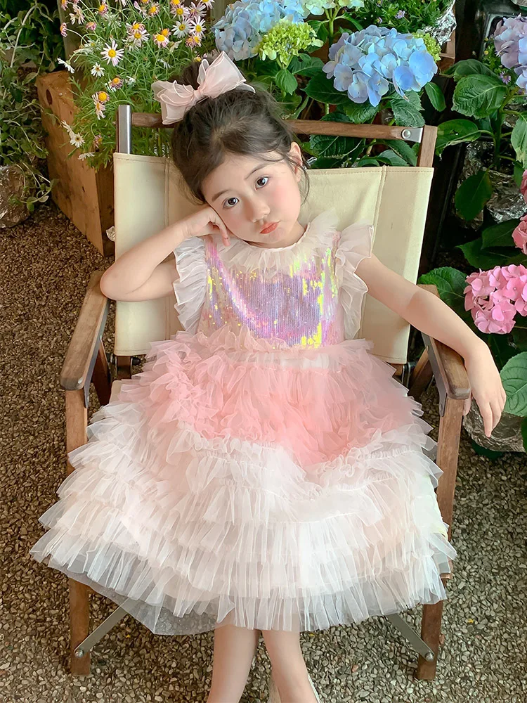

2025Girls' Summer New Wooden Ear Color Cake Tulle Tutu Dress
