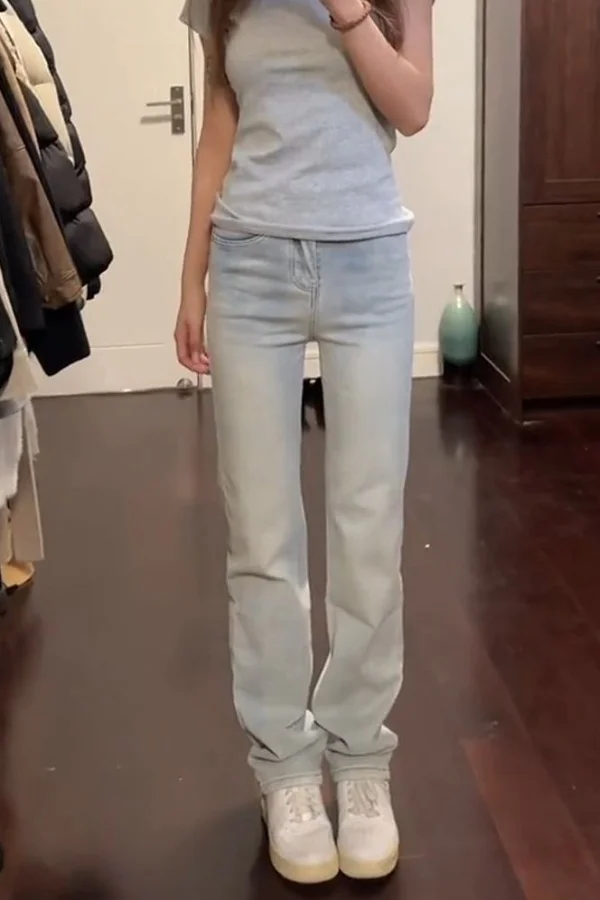 Jean Woman Denim Jeans Straight Blue Casual Retro 2000S American Distressed Hole Ripped Female Clothing Unisex Basic Simple Long