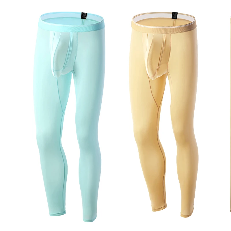 CLEVER-MENMODE 2x/ kit Ice Silk Long Johns Pants Sexy Men Thermal Underwear Ultra-thin Long Penis Pouch Bulge Trousers Sleep Leg