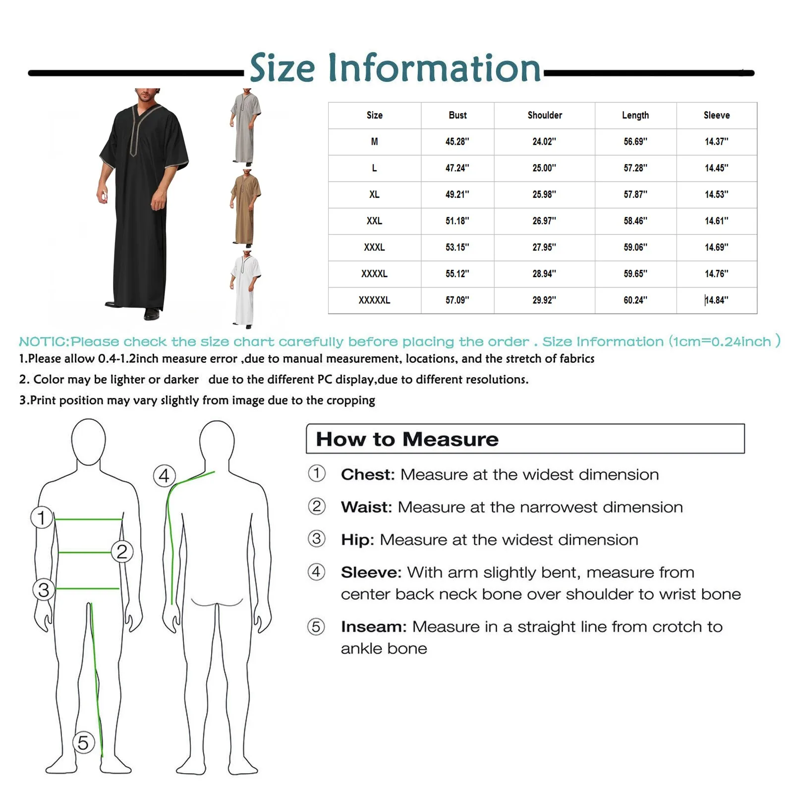 Summer Men'S Muslim Clothing Simple Solid Color Patchwork Button V-Neck Loose Robe Daily Casual All-Match Straight Jubba Thobe