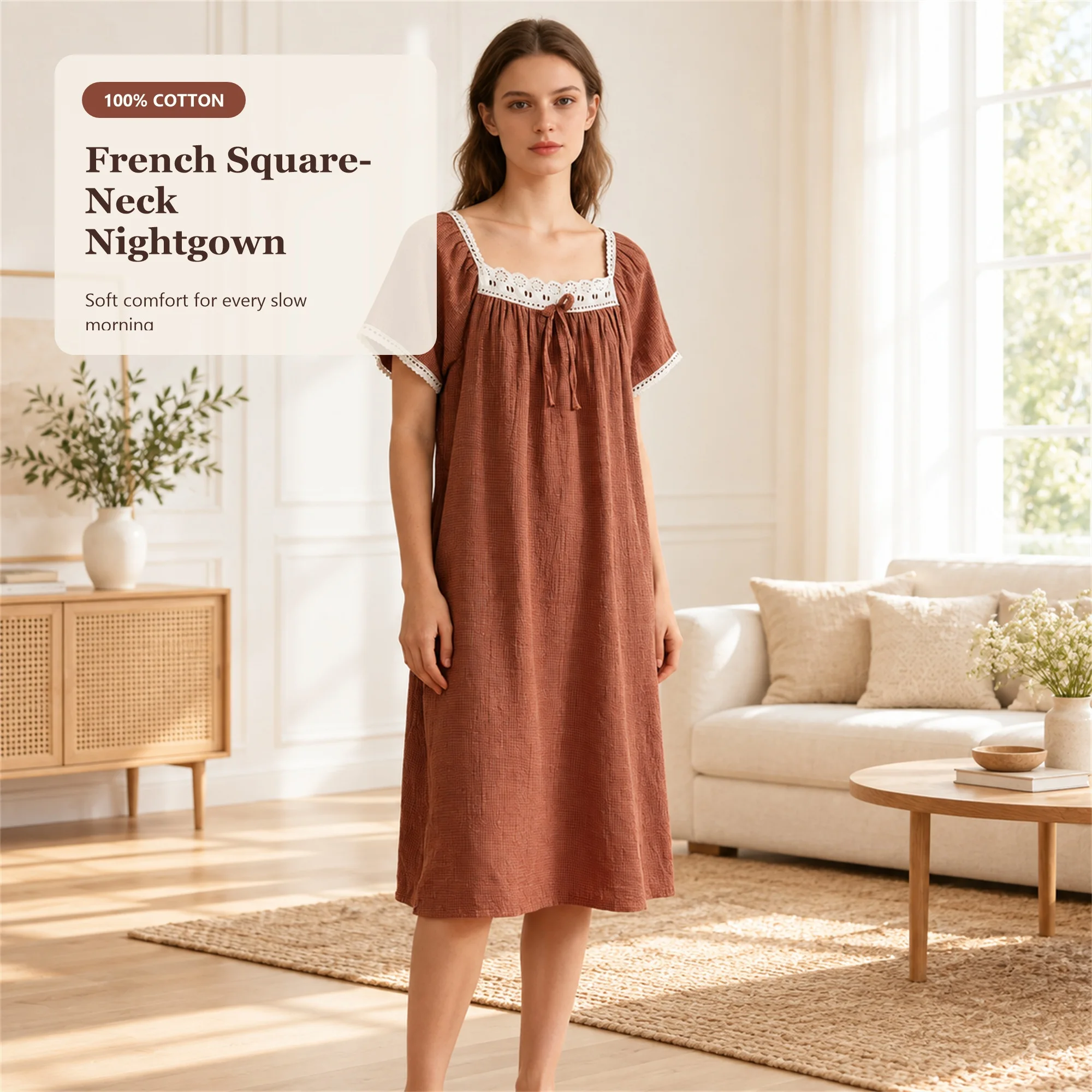robe-de-nuit-en-coton-pour-femme-col-carre-dentelle-a-œillets-coupe-ample-en-a-manches-courtes-motif-micro-carreaux-vetements-de-detente-robe-de-nuit-vetements-de-nuit-pour-femme