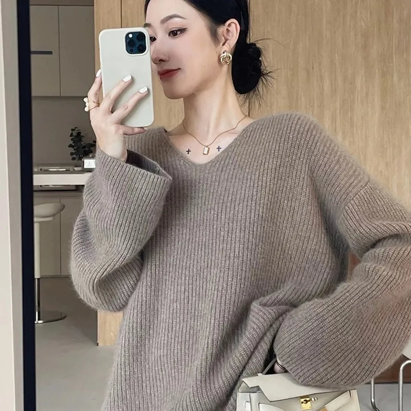 Estación europea 100% suéter de lana para mujer suelto con cuello en V invierno suéter de capa base de punto grueso
