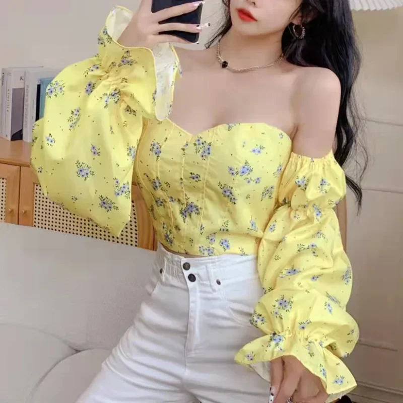 Sweet Off Shoulder Bubble Sleeve Fragmented Blouse Shirt for Women's Spring/Summer New Style Slim Fit Short Chiffon Shirt Top